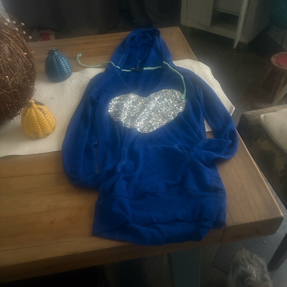 Blue Hoodie with Silver Heart Design